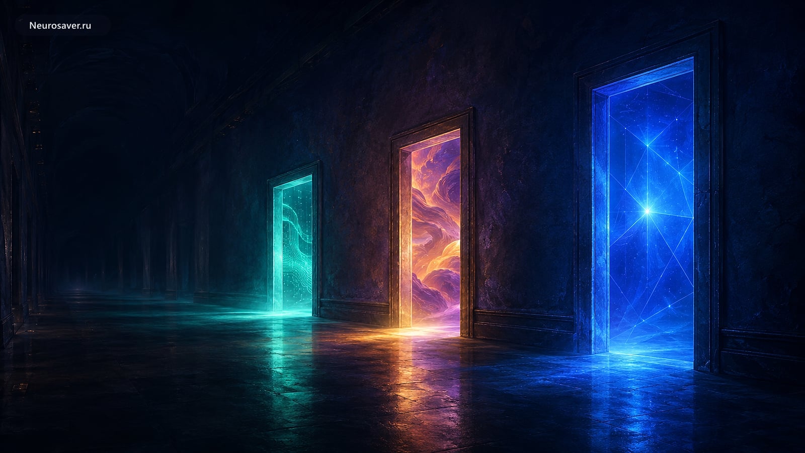 ChatGPT, Claude и Gemini — три AI-ассистента, представленные как три двери в одном коридоре