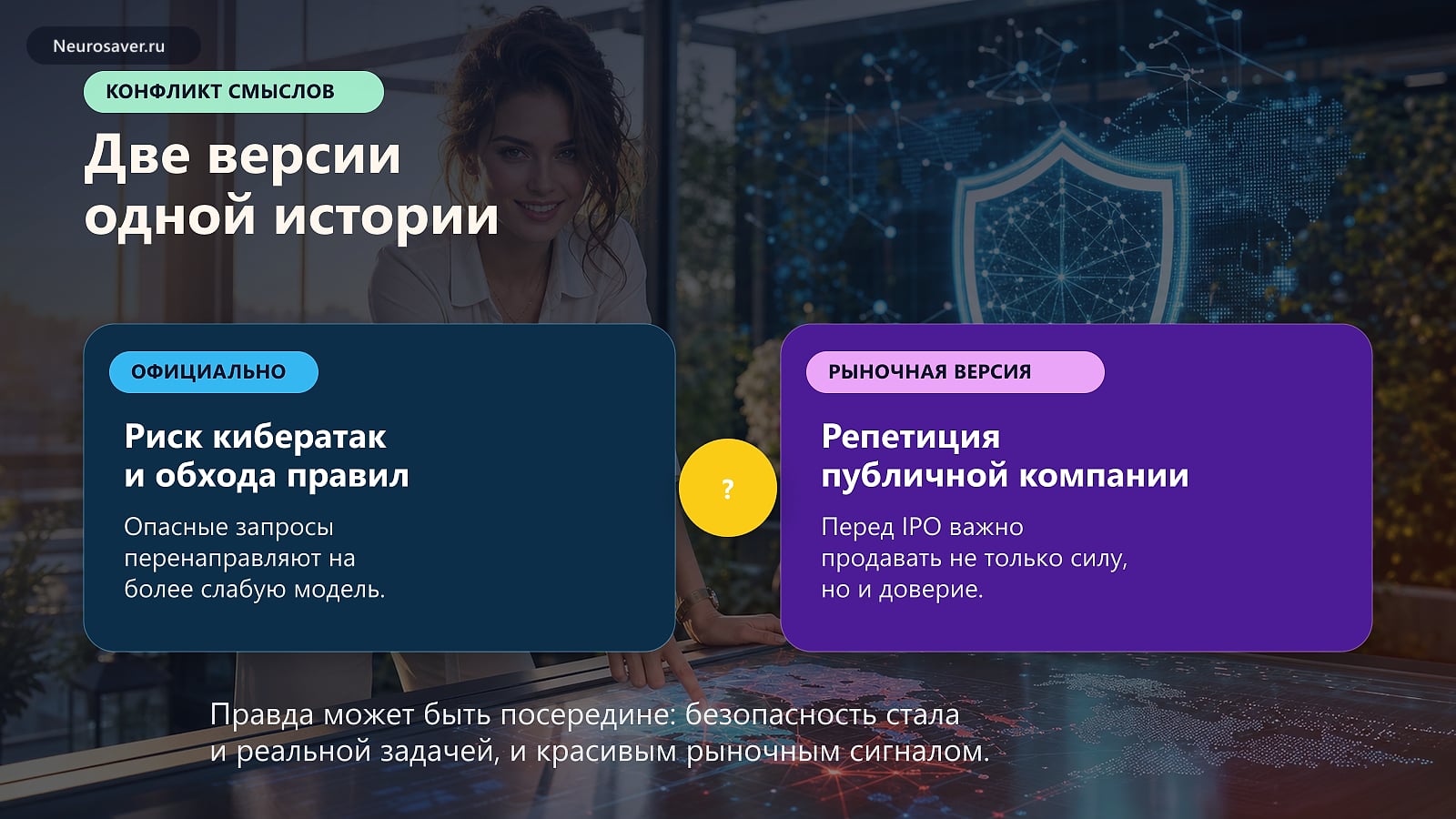 Инфографика с двумя версиями истории Anthropic: официальный риск кибератак и рыночный сигнал перед IPO