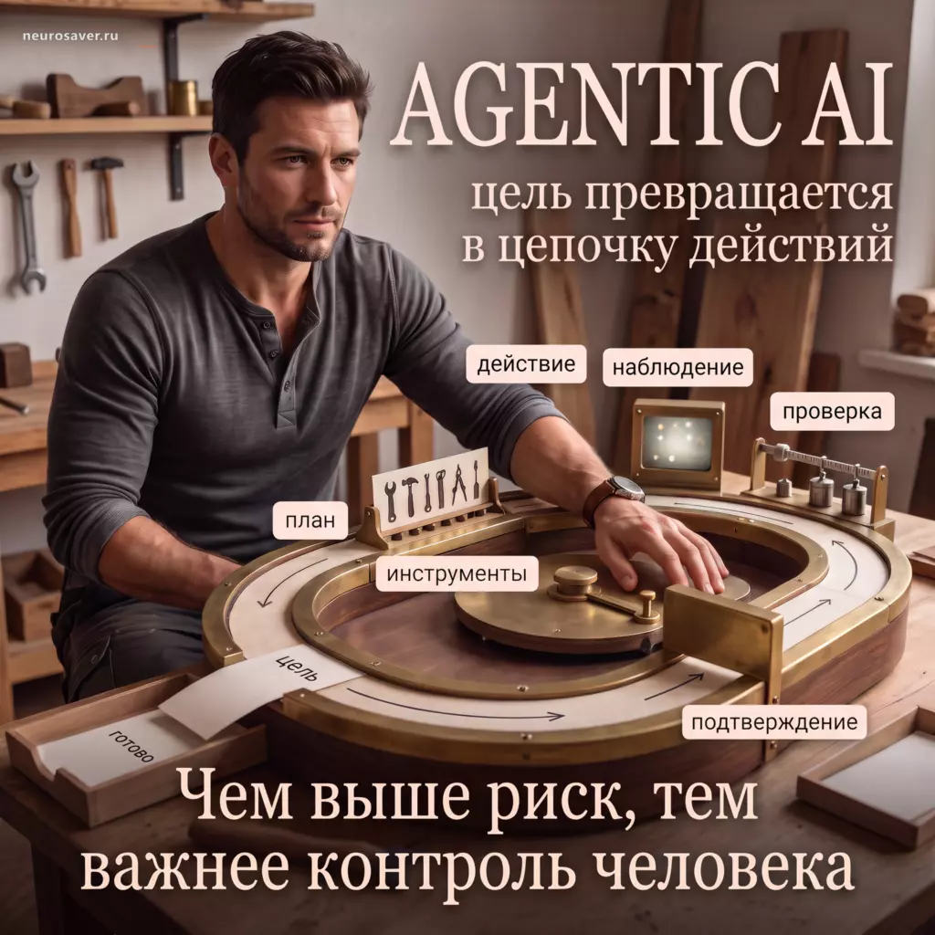 Мужчина-оператор ведёт цель Agentic AI по циклу планирования, инструментов, действий, наблюдений и проверки, останавливая рискованный шаг у подтверждения.