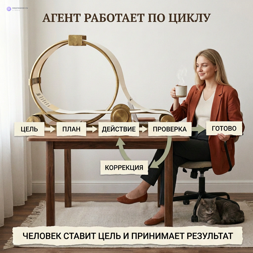 Разработчица с кофе наблюдает, как AI-агент проводит задачу по циклу от цели и плана до действия, проверки, коррекции и готового результата.