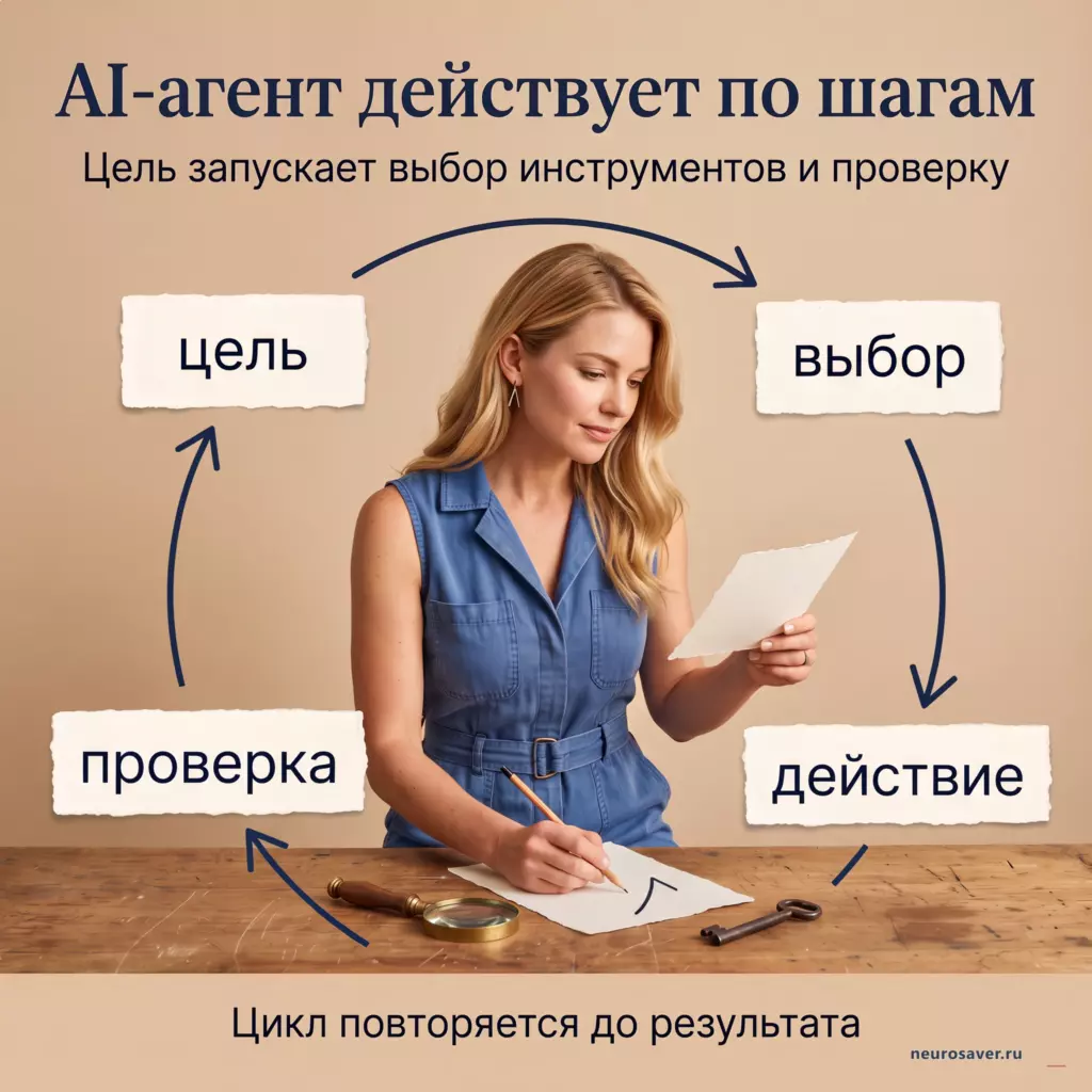 Девушка за рабочим столом проходит цикл цели, выбора, действия и проверки — наглядная схема работы AI-агента.