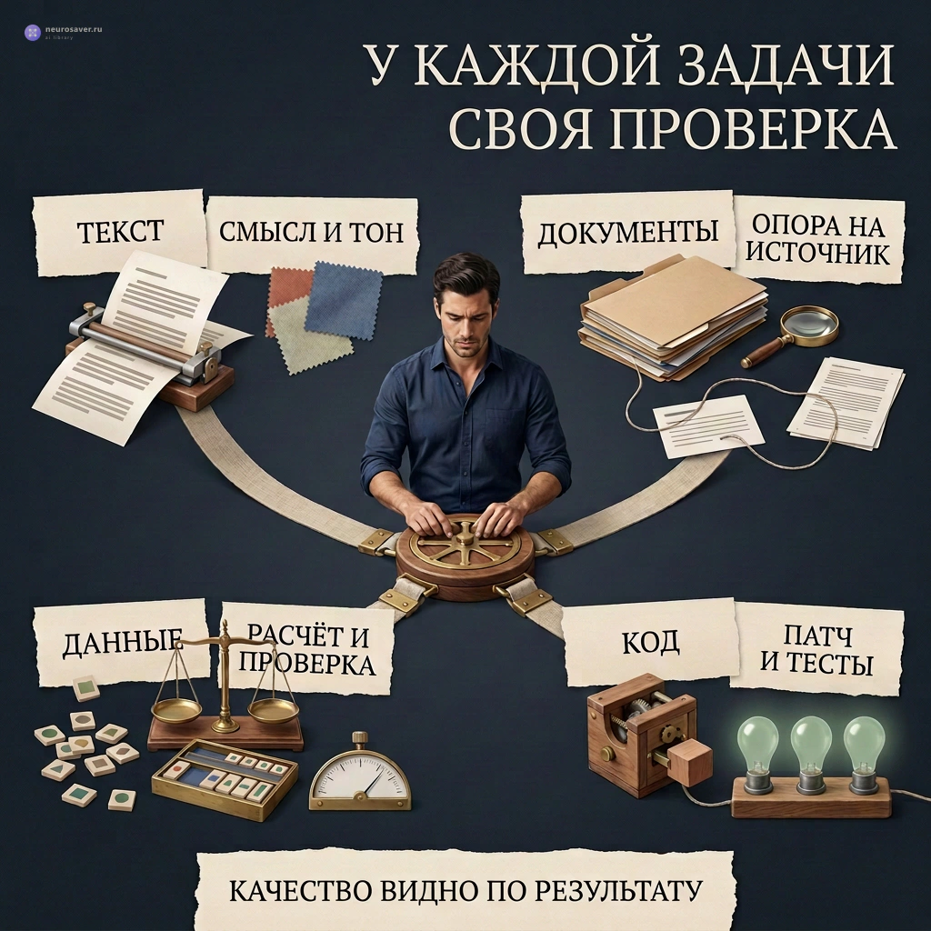 Четыре типа задач проверяются по-разному: текст — по смыслу и тону, документы — по источнику, код — по тестам, данные — по расчёту.