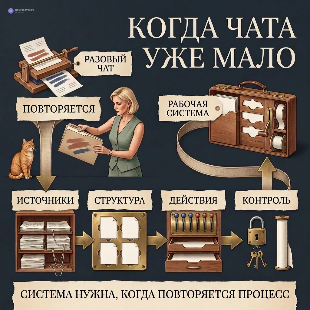 Разовый AI-чат превращается в рабочую систему, когда повторяемый процесс получает источники, структуру, действия и контроль.