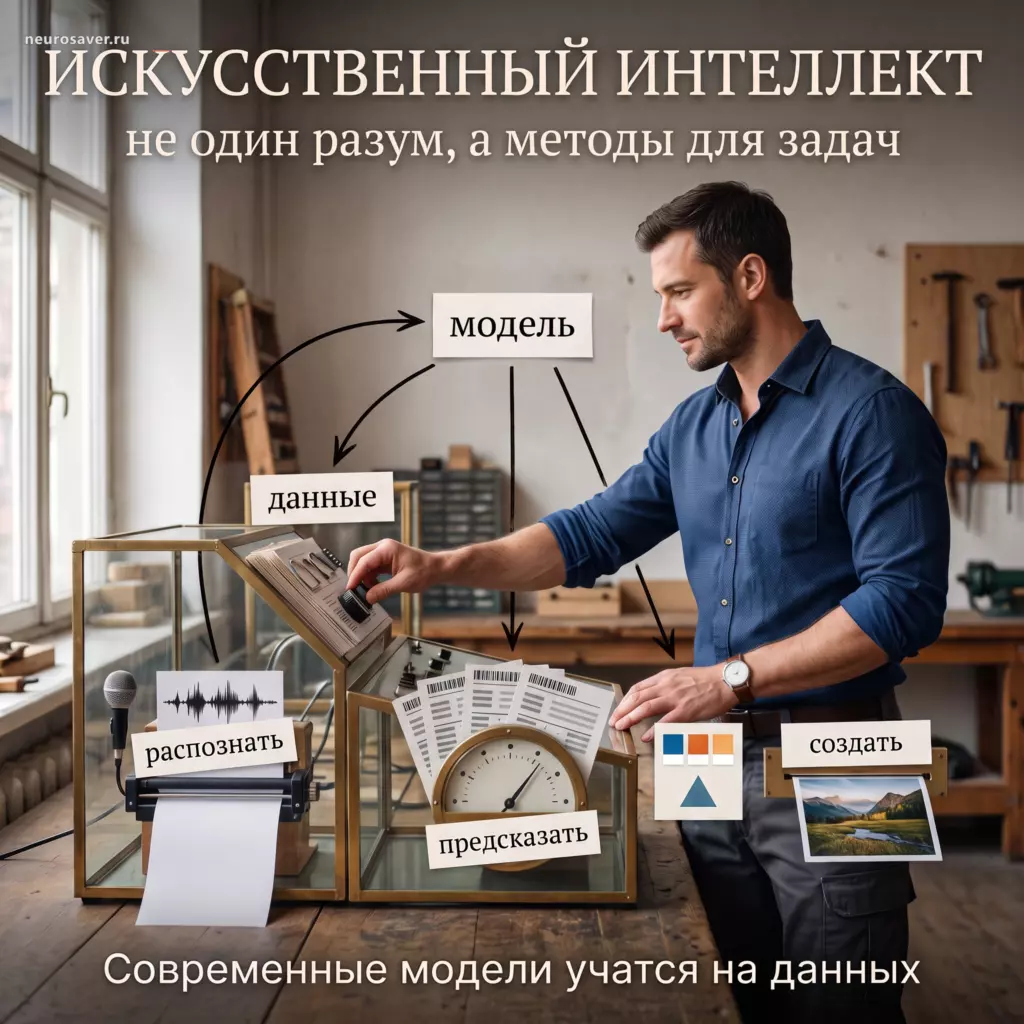 Мужчина управляет тремя AI-станциями, которые распознают звук, предсказывают результат и создают изображение на основе данных.