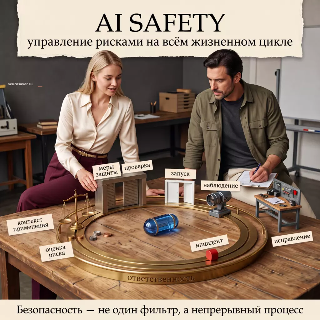Инженер и руководитель проводят AI-систему через оценку риска, проверку, запуск, наблюдение за инцидентами и исправление, сохраняя ответственность на всём цикле.