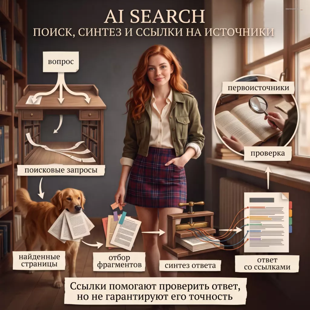 Журналистка и золотистый ретривер находят документы для AI-поиска; выбранные фрагменты поступают в синтез ответа, а цветные нити связывают его со ссылками и проверяемыми источниками.