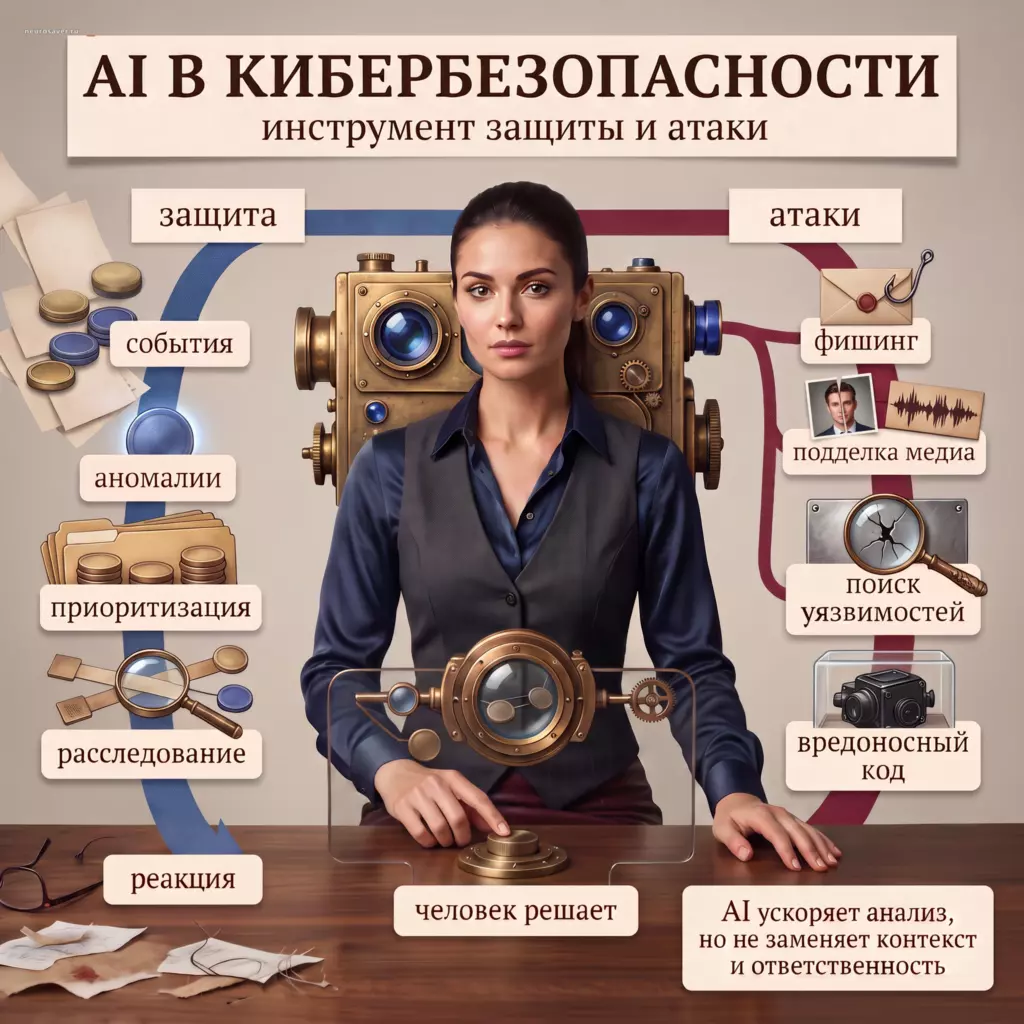 Аналитик проверяет выводы AI: слева система выделяет аномалии и помогает расследованию, справа показаны фишинг, подделка медиа, поиск уязвимостей и вредоносный код.