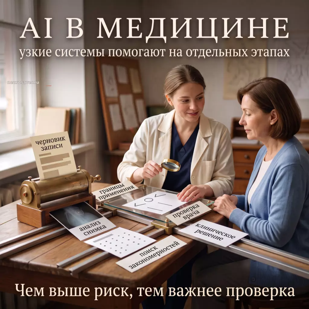 Молодая врач проверяет три узких результата медицинского AI — черновик записи, отмеченный участок снимка и закономерность в данных — прежде чем обсудить клиническое решение с пациенткой.