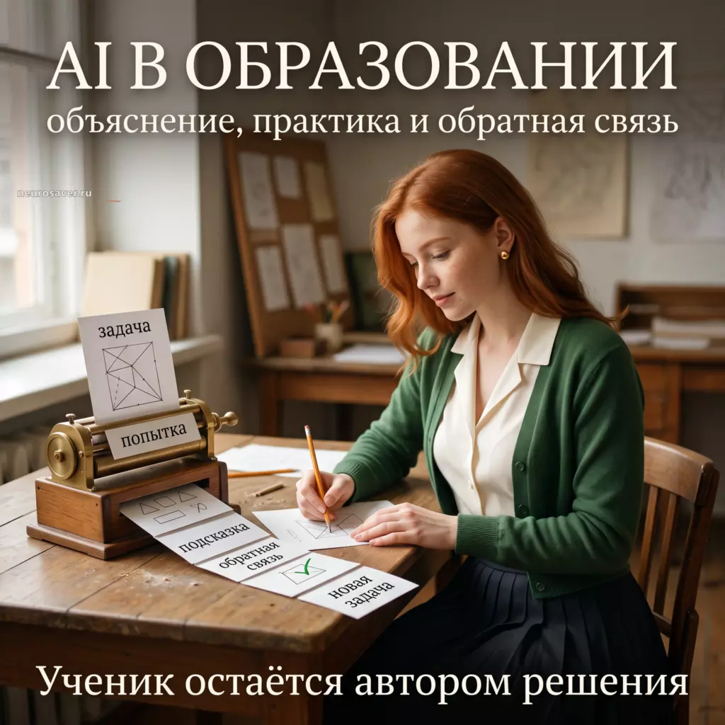Студентка решает задачу сама, а учебная AI-система последовательно даёт подсказку, обратную связь и новую задачу для практики.