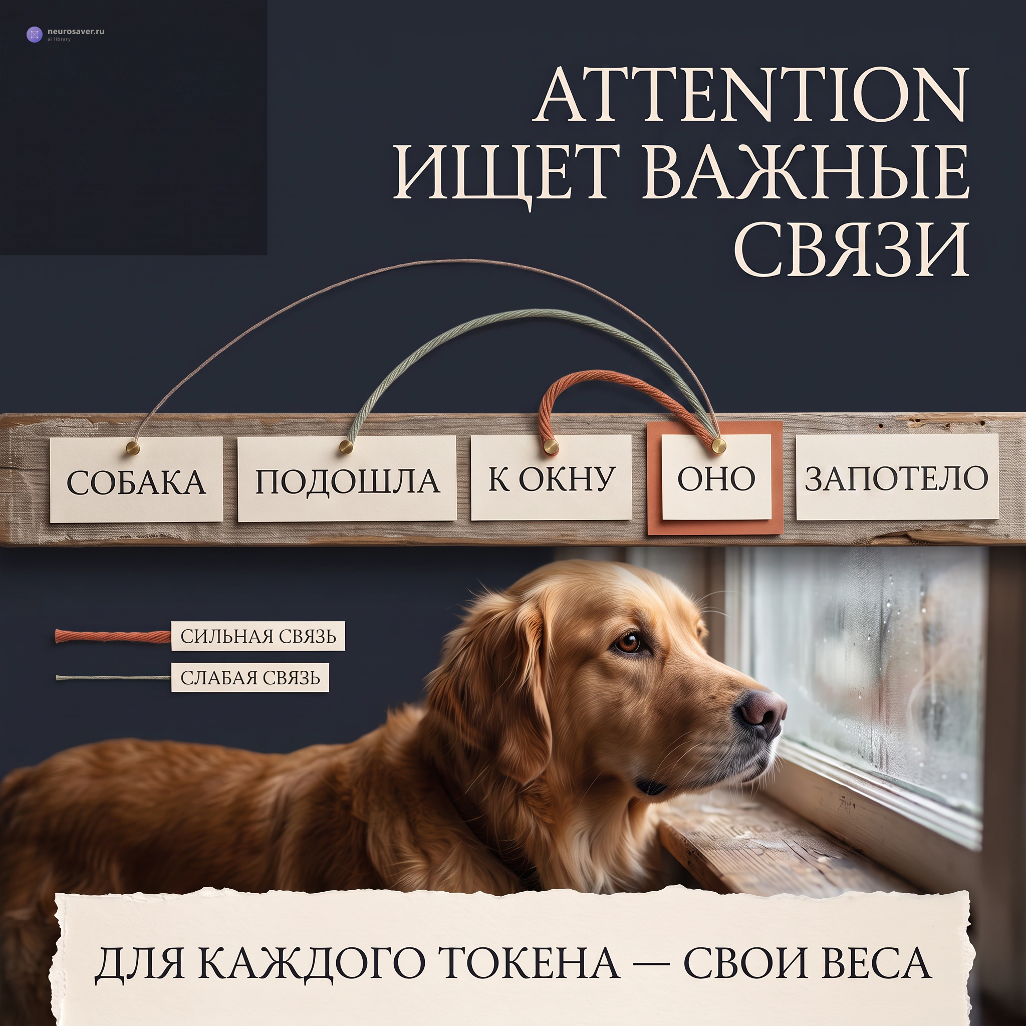 От слова «Оно» нити attention разной толщины тянутся к предыдущим словам, а самая сильная связь ведёт к окну рядом с собакой.