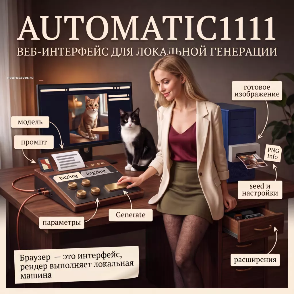 Иллюстраторка и кот показывают AUTOMATIC1111: модель, промпт и параметры собираются в браузерной форме, локальный компьютер создаёт изображение и сохраняет данные генерации в PNG Info.
