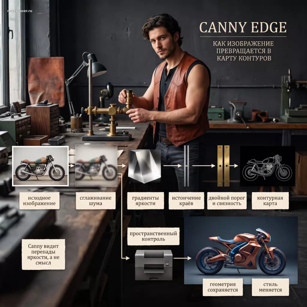 Промышленный дизайнер показывает Canny Edge: снимок мотоцикла проходит сглаживание, градиенты, истончение и двойной порог, а контурная карта сохраняет геометрию в новом стиле.
