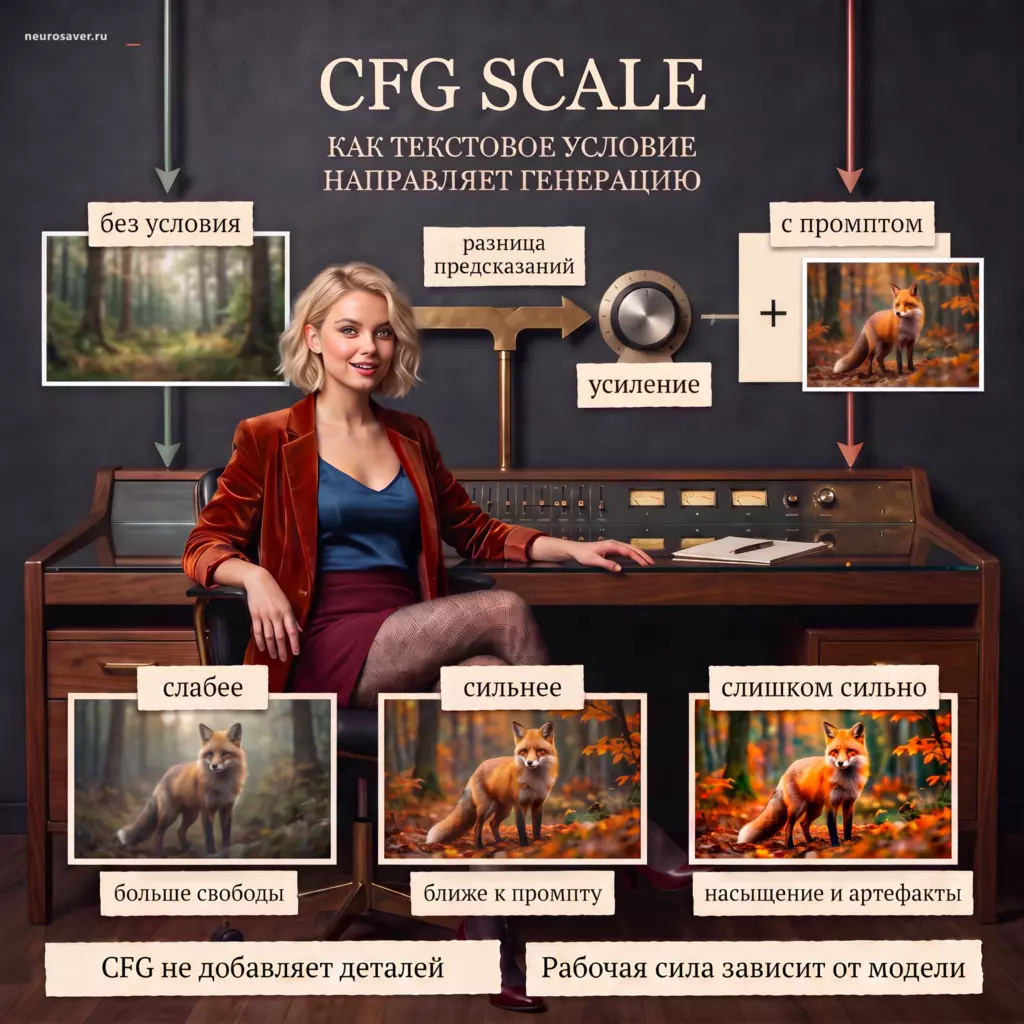Операторка показывает CFG Scale: безусловное и условное предсказания задают направление к промпту, усиление повышает соответствие, а чрезмерная сила приводит к насыщению и артефактам.