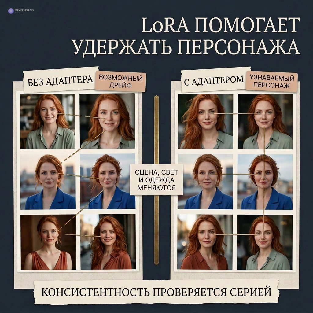 Слева три похожие героини отличаются лицами, а справа одна и та же женщина остаётся узнаваемой при смене одежды, света и сцены с Character LoRA.