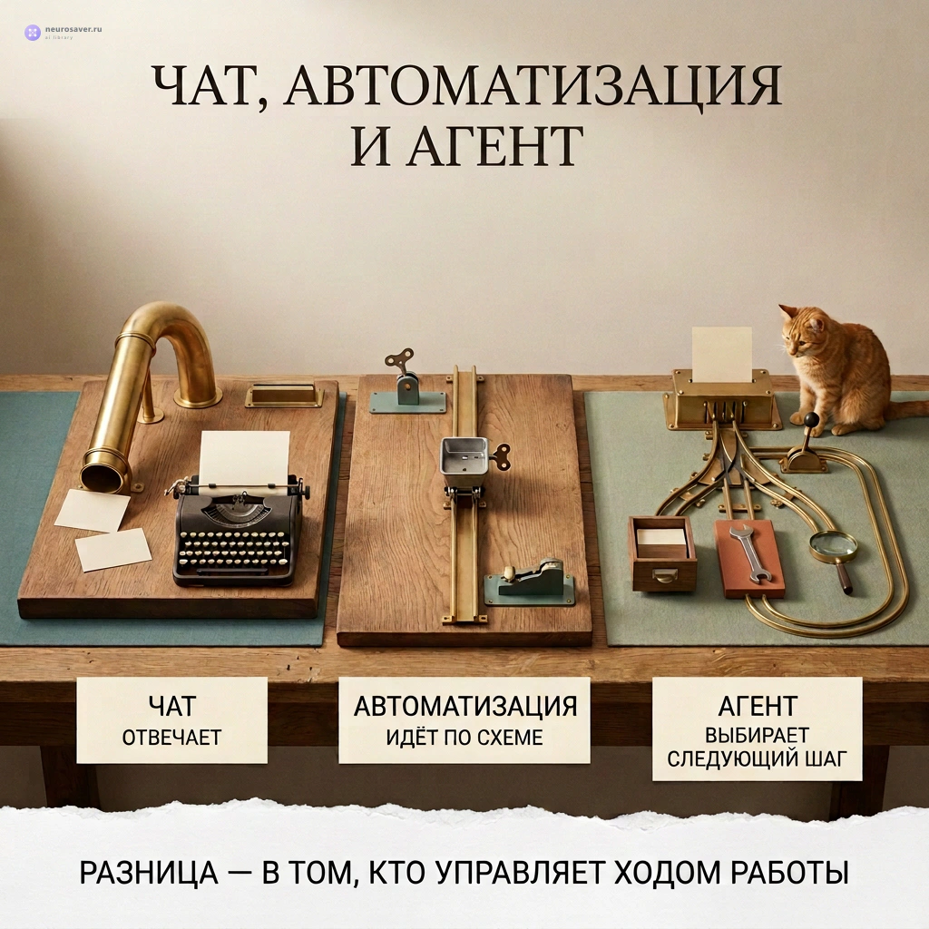 Три механические станции сравнивают чат с одним ответом, автоматизацию с фиксированной схемой и AI-агента, который выбирает следующий шаг.