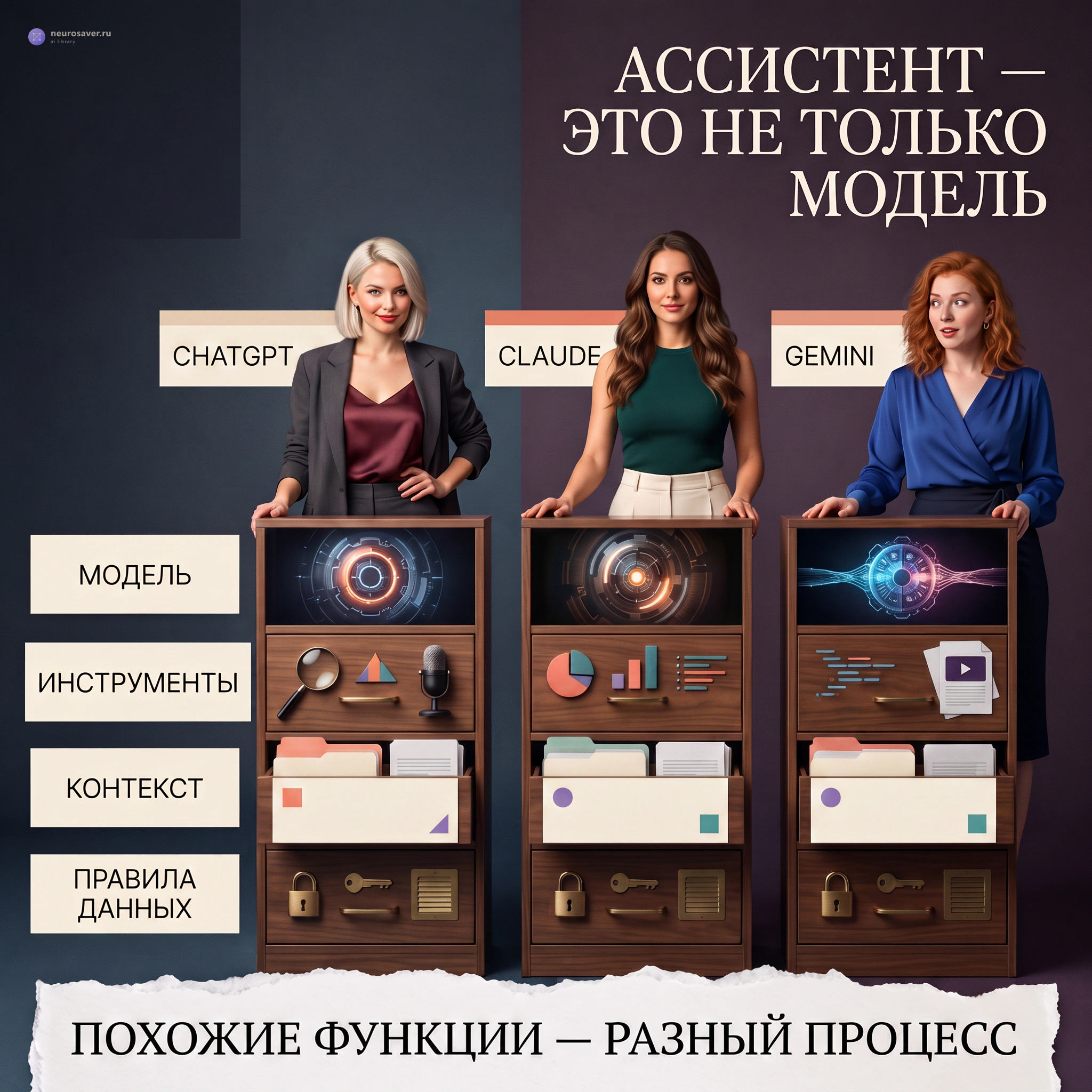 Три разные героини работают со станциями ChatGPT, Claude и Gemini, в каждой из которых отдельно показаны модель, инструменты, контекст и правила данных.