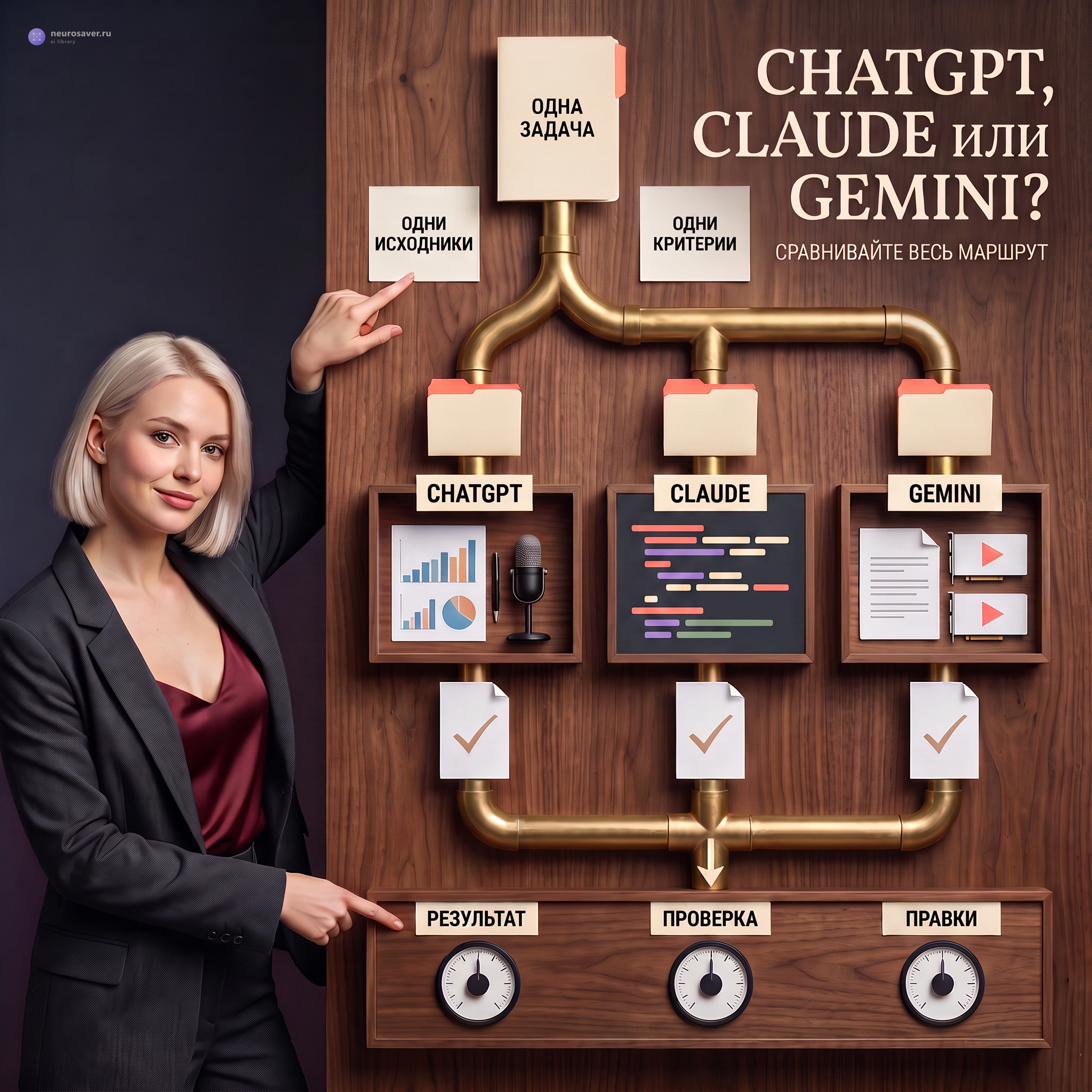 Одна задача и одинаковые папки проходят через станции ChatGPT, Claude и Gemini, а исследовательница сравнивает результат, проверку и объём правок.