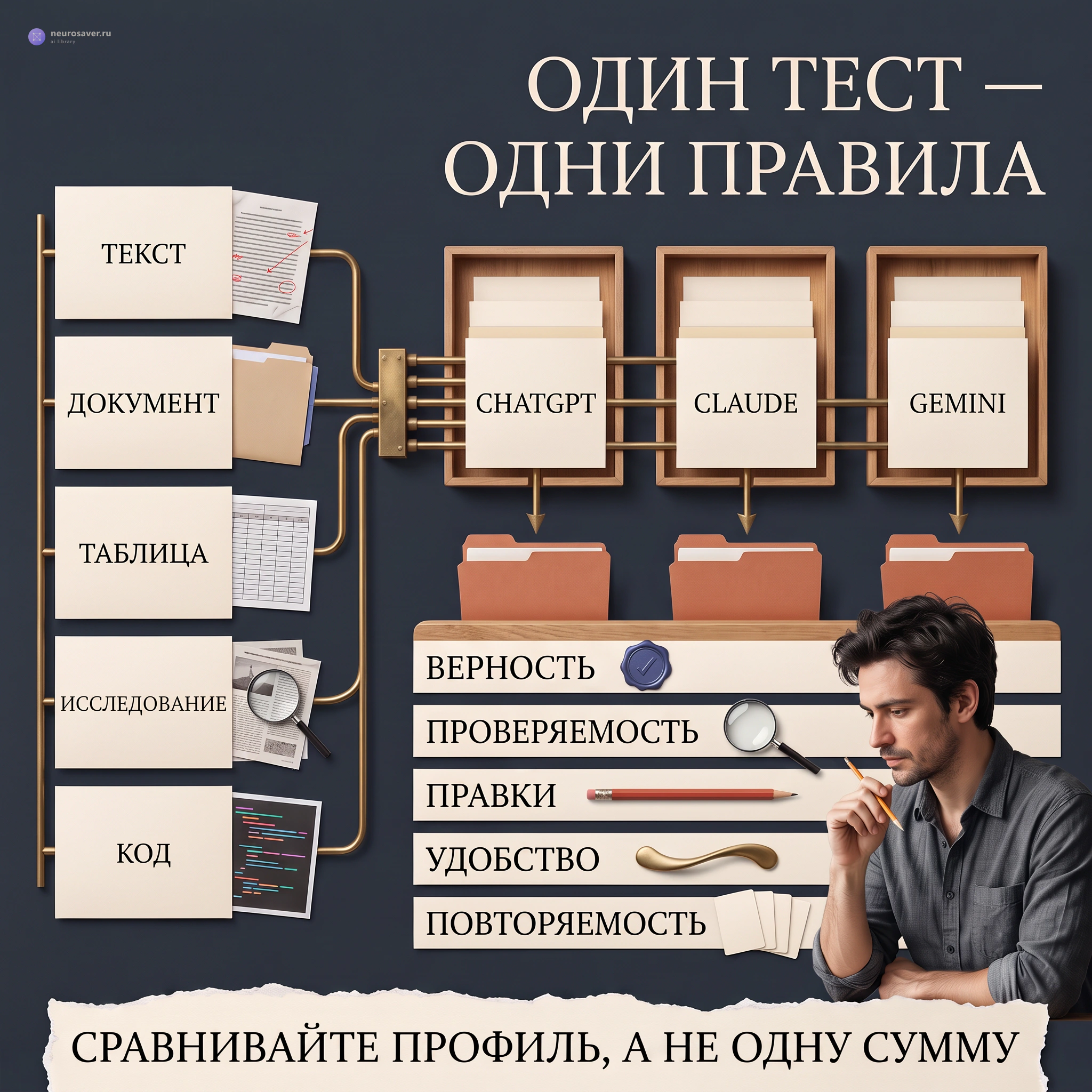 Мужчина сравнивает результаты ChatGPT, Claude и Gemini на одинаковых заданиях по верности, проверяемости, объёму правок, удобству и повторяемости.