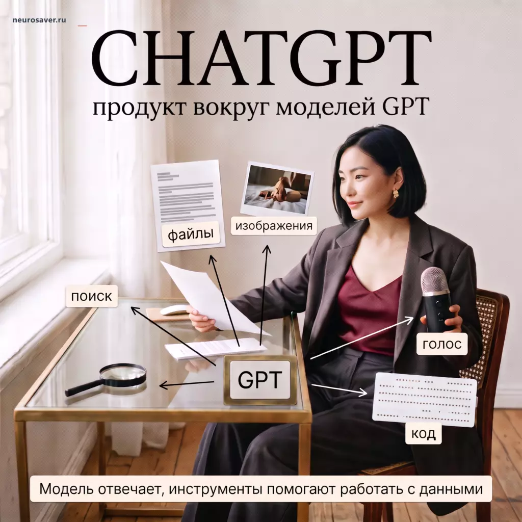 Девушка работает со станцией ChatGPT, где модель GPT соединена с поиском, файлами, изображениями, голосом и кодом.