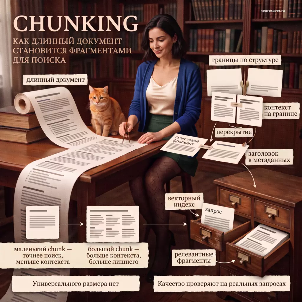 Библиотекарка и рыжий кот показывают Chunking: документ делится по структуре, перекрытие сохраняет контекст на границе, а метаданные помогают индексу находить релевантные фрагменты.