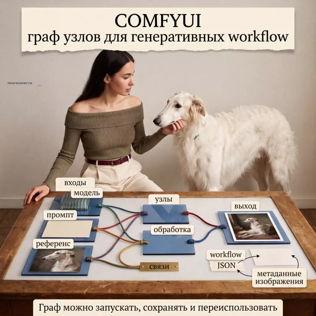 Художница соединяет узлы ComfyUI: модель, промпт и фотография русской борзой проходят через обработку к готовому изображению, а workflow сохраняется в JSON и метаданных.