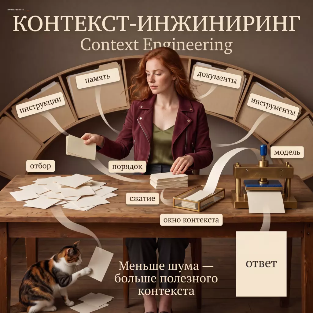 Редактор отбирает инструкции, память, документы и инструменты, упорядочивает и сжимает их в окно контекста, из которого модель формирует ответ; кошка играет с отброшенной запиской.