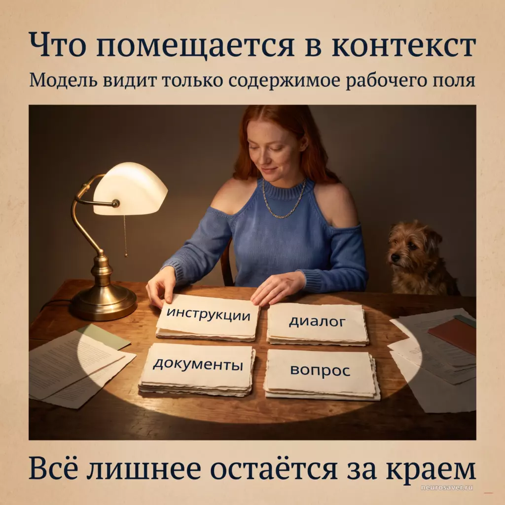 Девушка раскладывает инструкции, документы, диалог и вопрос на ограниченном столе, показывая границы контекстного окна модели.