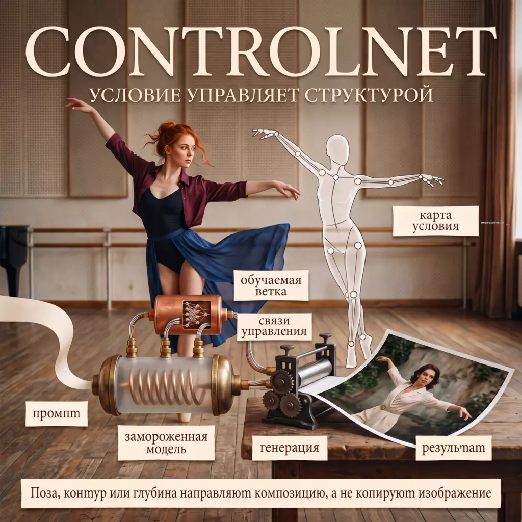 Танцовщица задаёт карту позы для ControlNet: обучаемая ветка передаёт пространственное условие замороженной модели, а промпт меняет образ в итоговой генерации без копирования исходника.