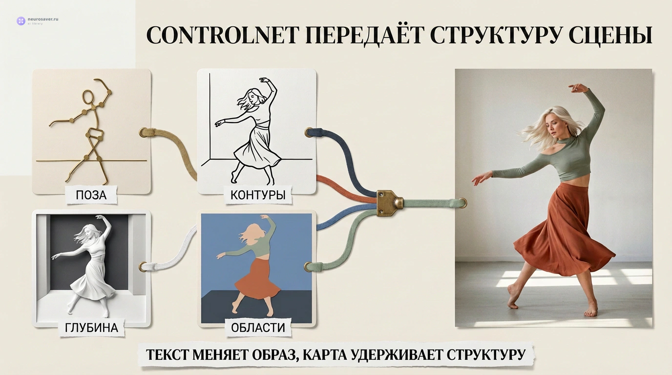 Четыре карты одной танцевальной сцены передают ControlNet позу, глубину, контуры и области, а итоговый кадр сохраняет заданную структуру движения.