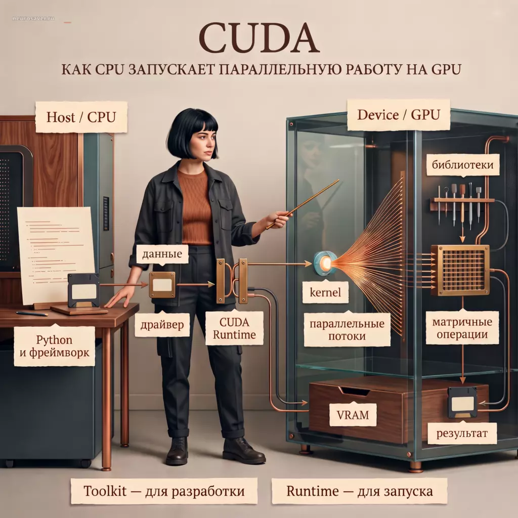 Инженерка показывает CUDA: код на CPU проходит через драйвер и runtime, данные попадают в VRAM, а kernel запускает параллельные потоки GPU для матричных операций.