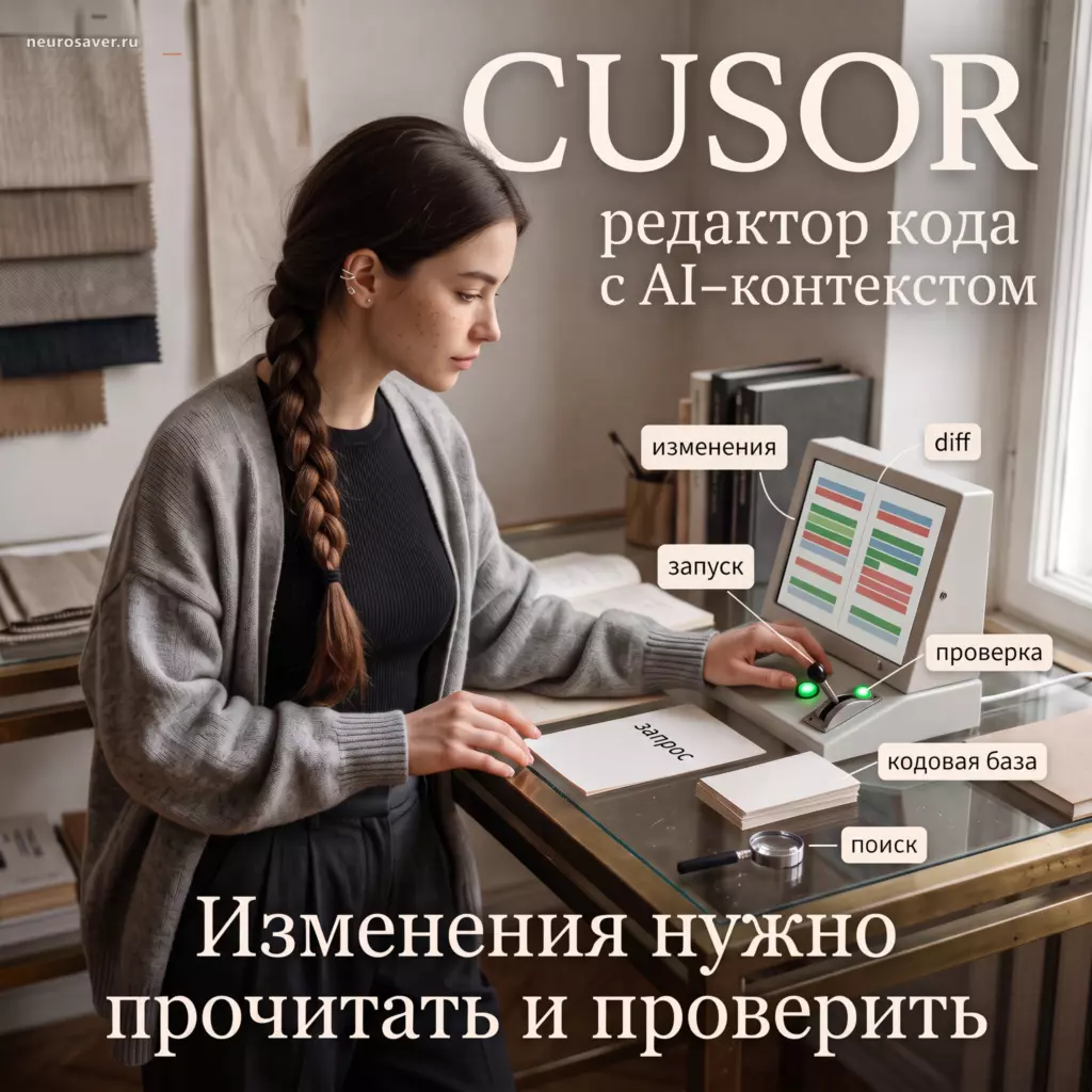 Девушка в Cursor связывает запрос с файлами проекта, получает diff изменений и запускает проверку кода.