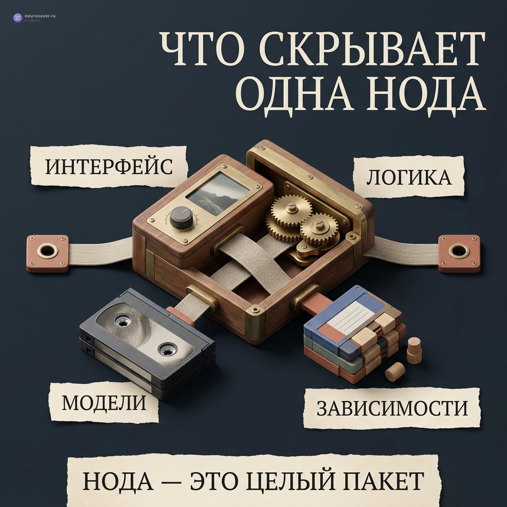 Раскрытая Custom Node показывает четыре внутренних слоя: интерфейс, программную логику, зависимости и дополнительные модели.