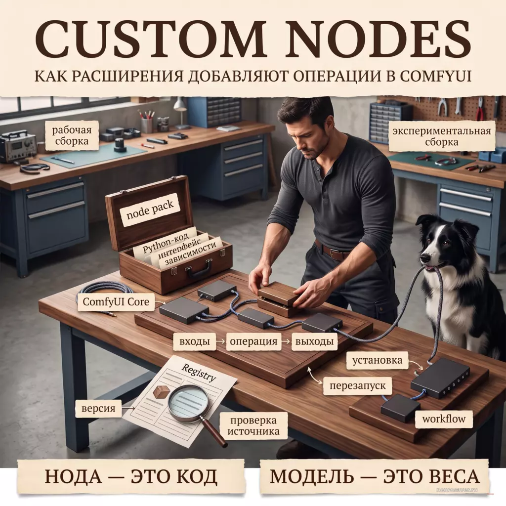Инженер и бордер-колли показывают Custom Nodes: node pack содержит код, интерфейс и зависимости, принимает входы, выполняет операцию и добавляет выходы в workflow ComfyUI.