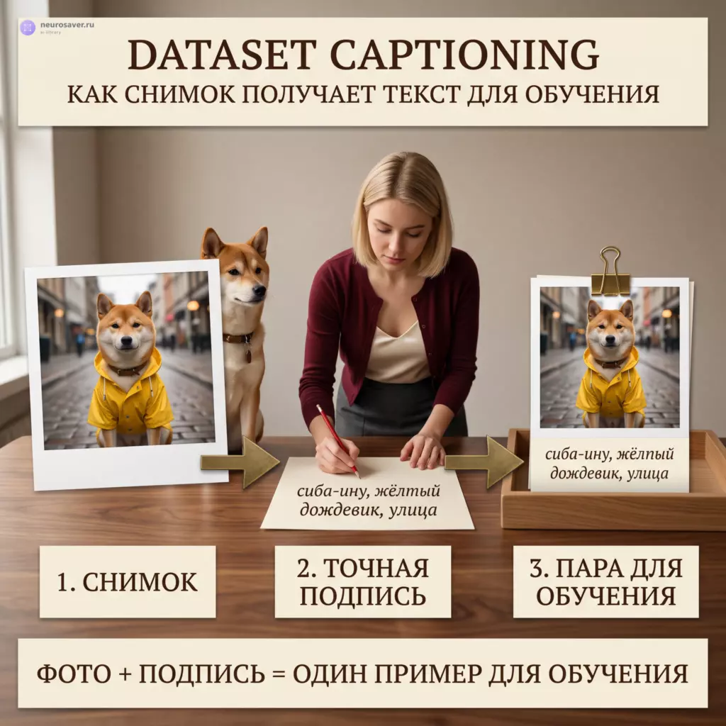 Фотографка подписывает снимок сиба-ину: фотография получает точное описание, затем снимок и подпись скрепляются в одну пару для обучения модели.