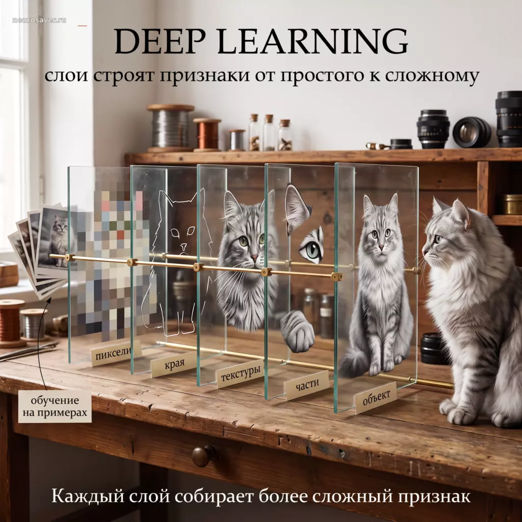 Пять прозрачных слоёв Deep Learning превращают пиксели изображения кота в края, текстуры, части и целый объект, пока рядом сидит настоящий кот.