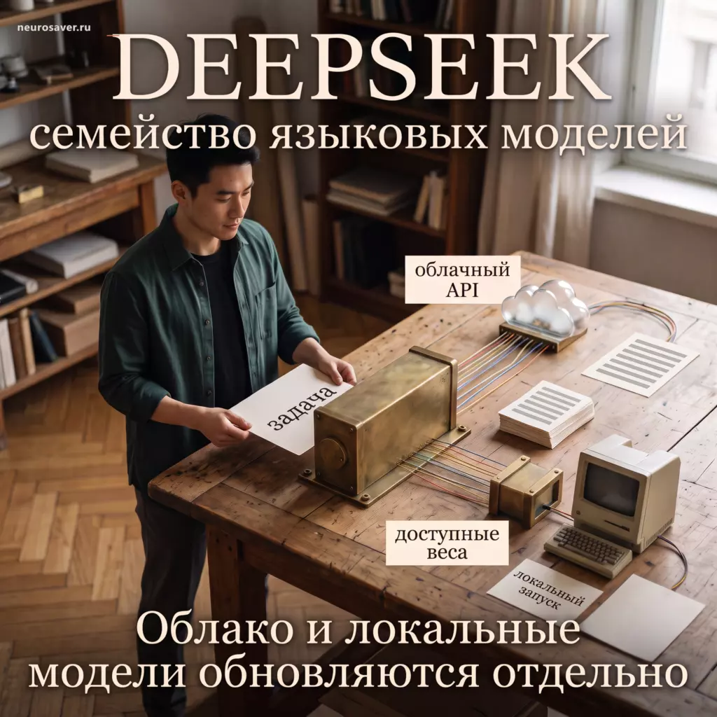 Исследователь направляет одну задачу DeepSeek в облачный API или в локально запущенные доступные веса модели.