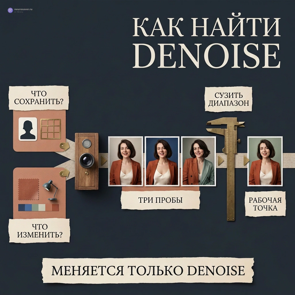 Цели сохранить и изменить задают три сравнимые пробы denoise, после чего диапазон сужается до рабочей точки.