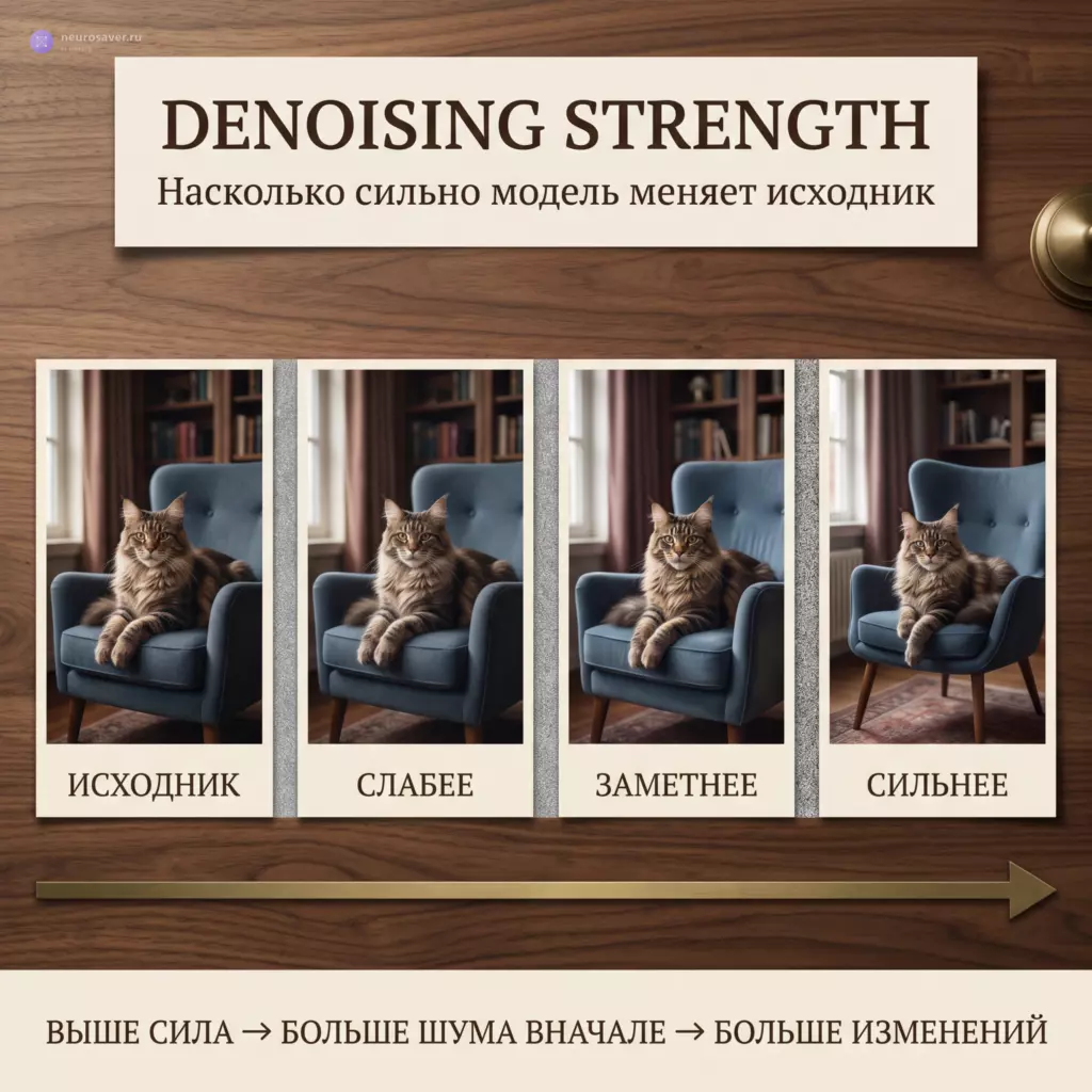 Четыре снимка мейн-куна показывают Denoising Strength: чем выше сила и больше начального шума, тем заметнее результат отходит от исходника.