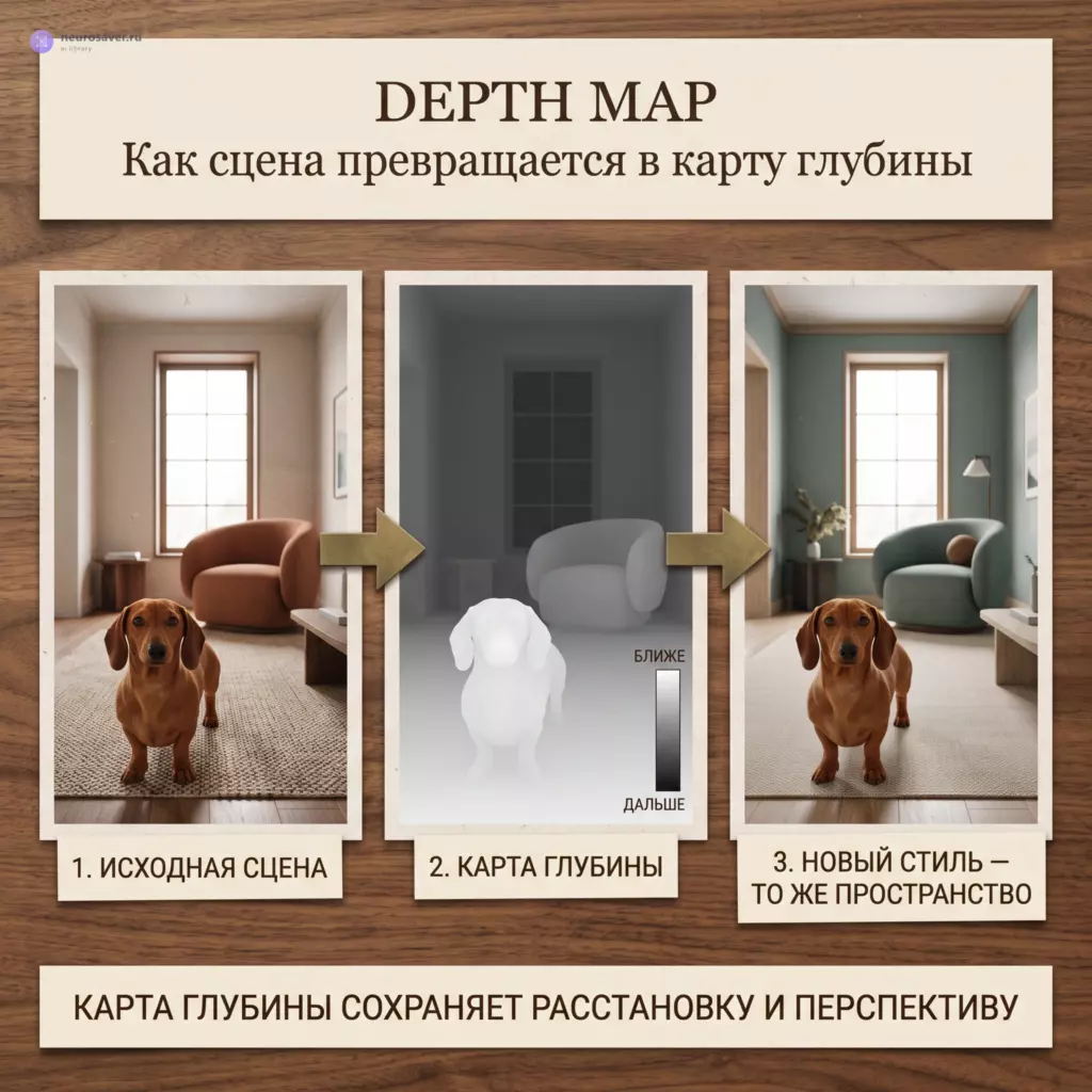 Комната с таксой превращается в Depth Map: светлый передний план и тёмный фон сохраняют расстановку и перспективу при смене отделки интерьера.