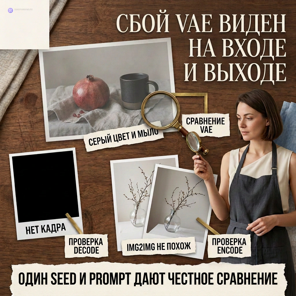 Три фото на световом столе связывают отсутствие кадра с проверкой Decode, серость и мыло со сравнением VAE, а непохожий img2img с проверкой Encode.