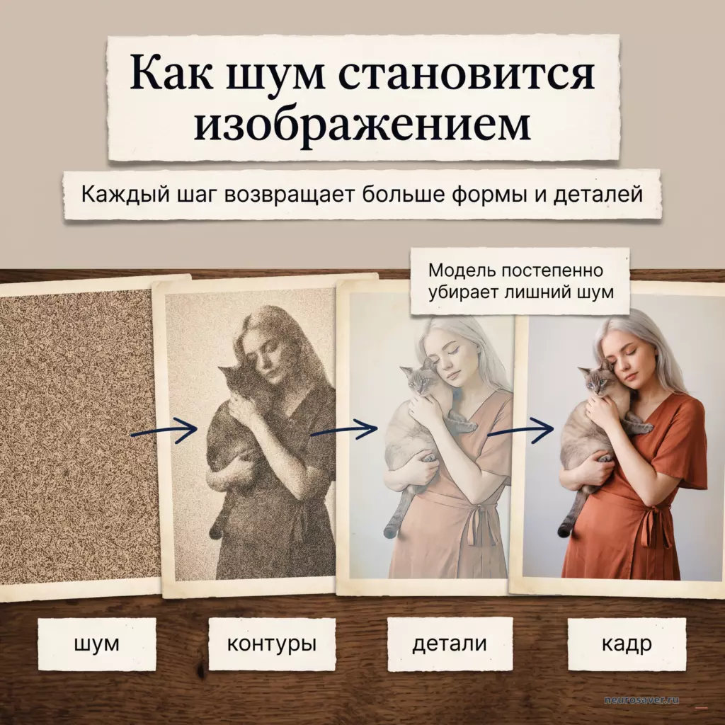Четыре снимка показывают, как диффузионная модель шаг за шагом превращает визуальный шум в фотографию девушки с котёнком.