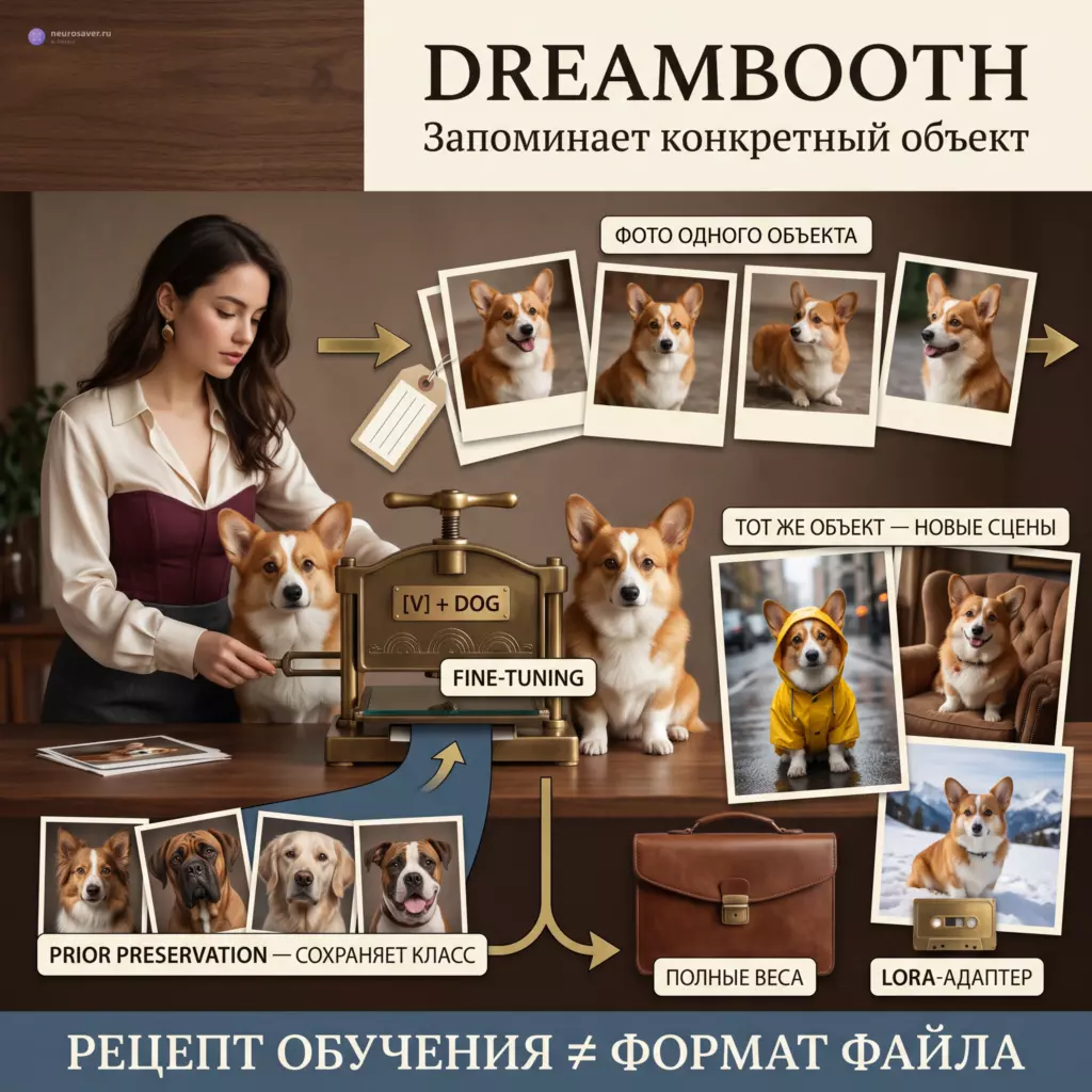 Фотограф обучает DreamBooth по снимкам одного корги; отдельная ветвь сохраняет класс собак, а выходы показывают новые сцены, полные веса и LoRA.