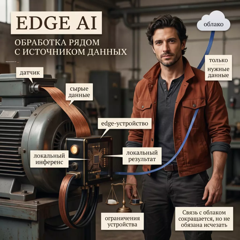 Промышленный инженер показывает Edge AI: датчик передаёт сырые данные устройству рядом с мотором, локальный инференс даёт результат на месте, а в облако уходят только нужные данные.