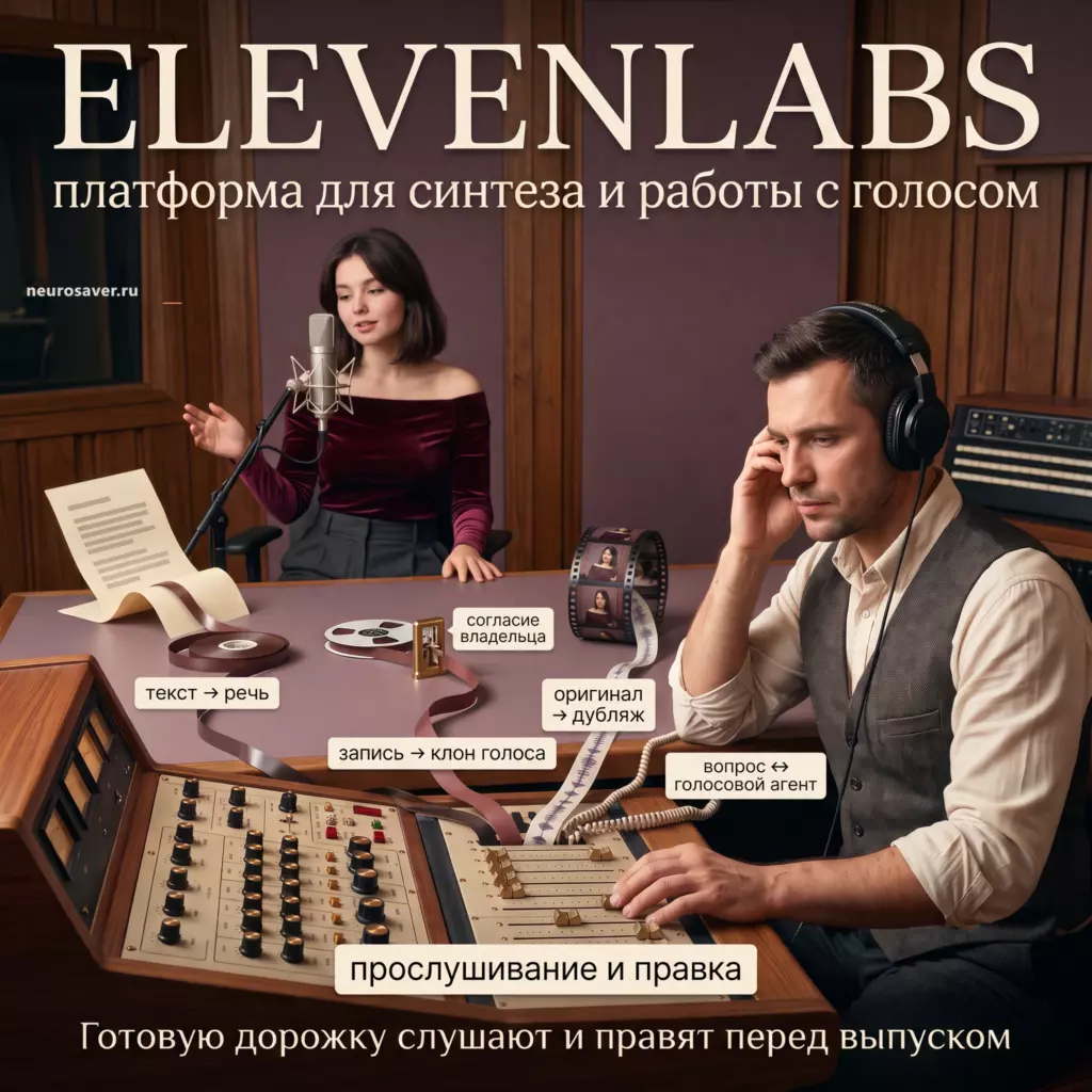 Диктор записывает голос у микрофона, а звукоинженер ведёт четыре ветви ElevenLabs — синтез речи, клон с согласием, дубляж и голосового агента, затем прослушивает результат.