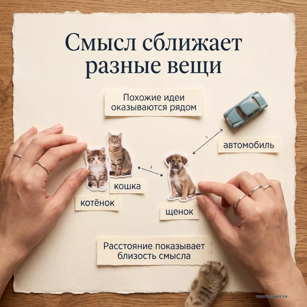 Руки размещают карточки с кошкой, котёнком, щенком и автомобилем на карте смысловой близости эмбеддингов.