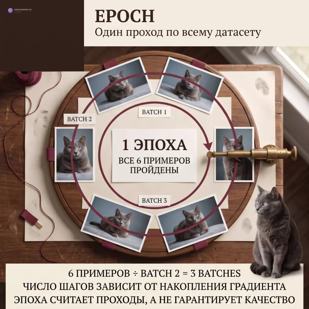 Шесть фотографий серого кота сгруппированы в три batch по две и лежат вокруг кругового сканера: полный круг по всем примерам обозначает одну эпоху.