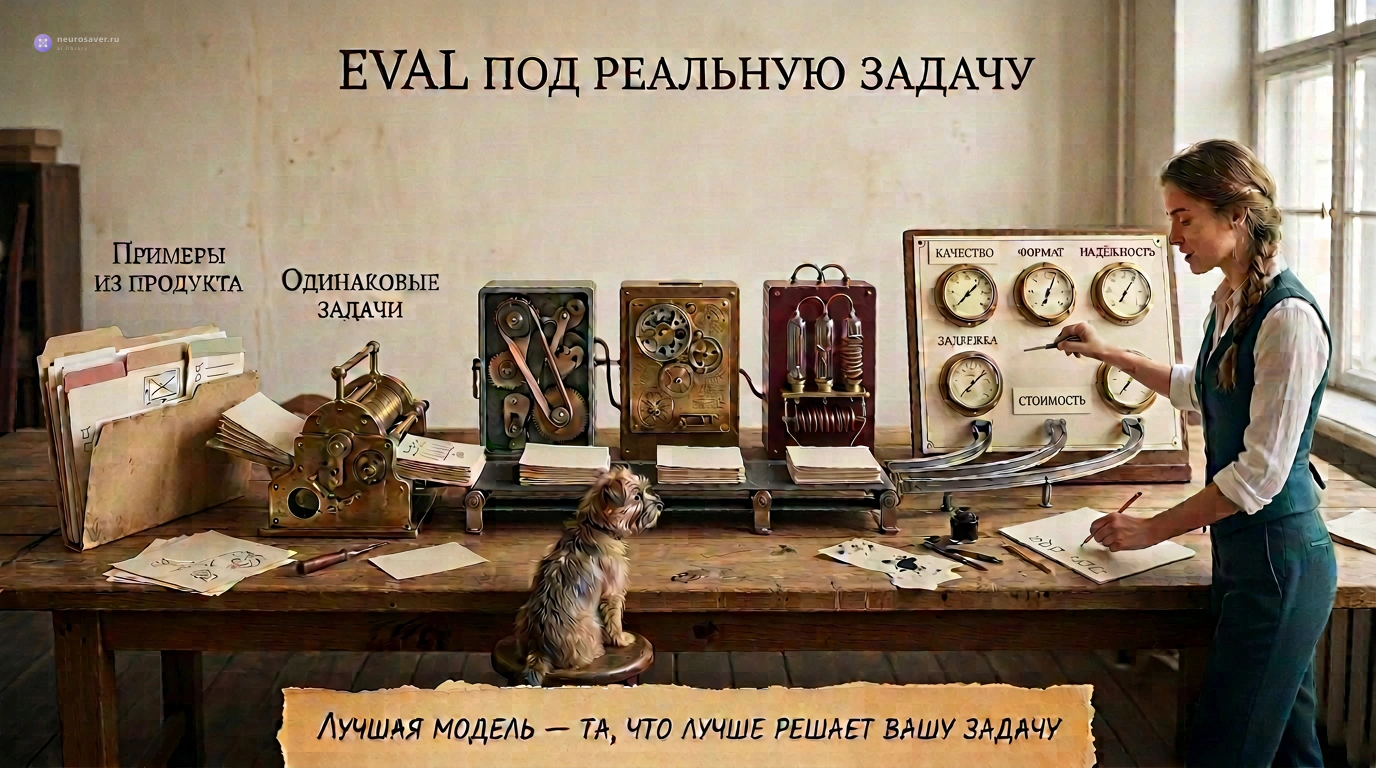 Инженер прогоняет одинаковые примеры из продукта через несколько моделей и сравнивает качество, формат, надёжность, задержку и стоимость.
