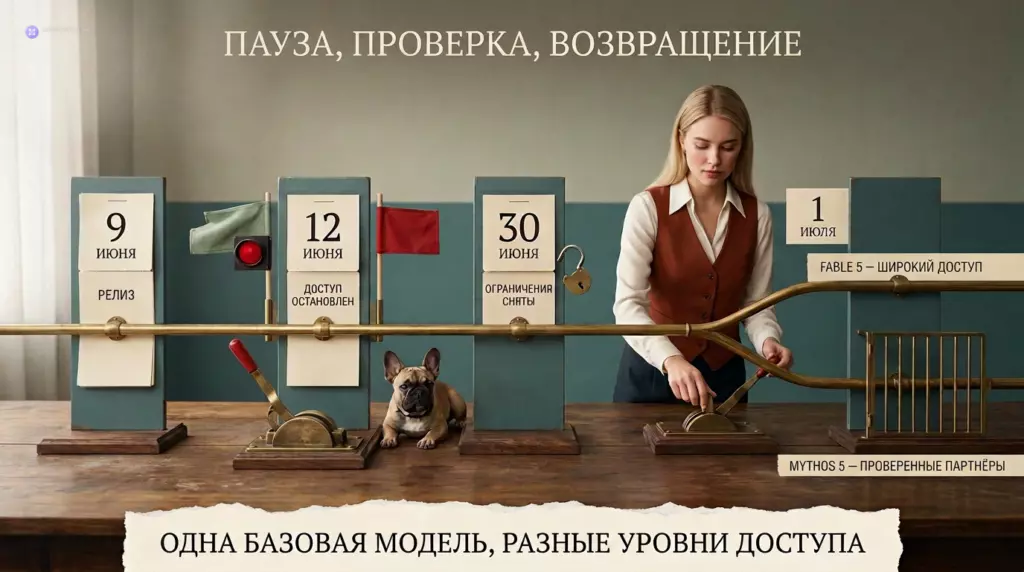Хронология показывает релиз Fable 5 и Mythos 5, остановку доступа, снятие ограничений и возвращение с разными уровнями доступа.