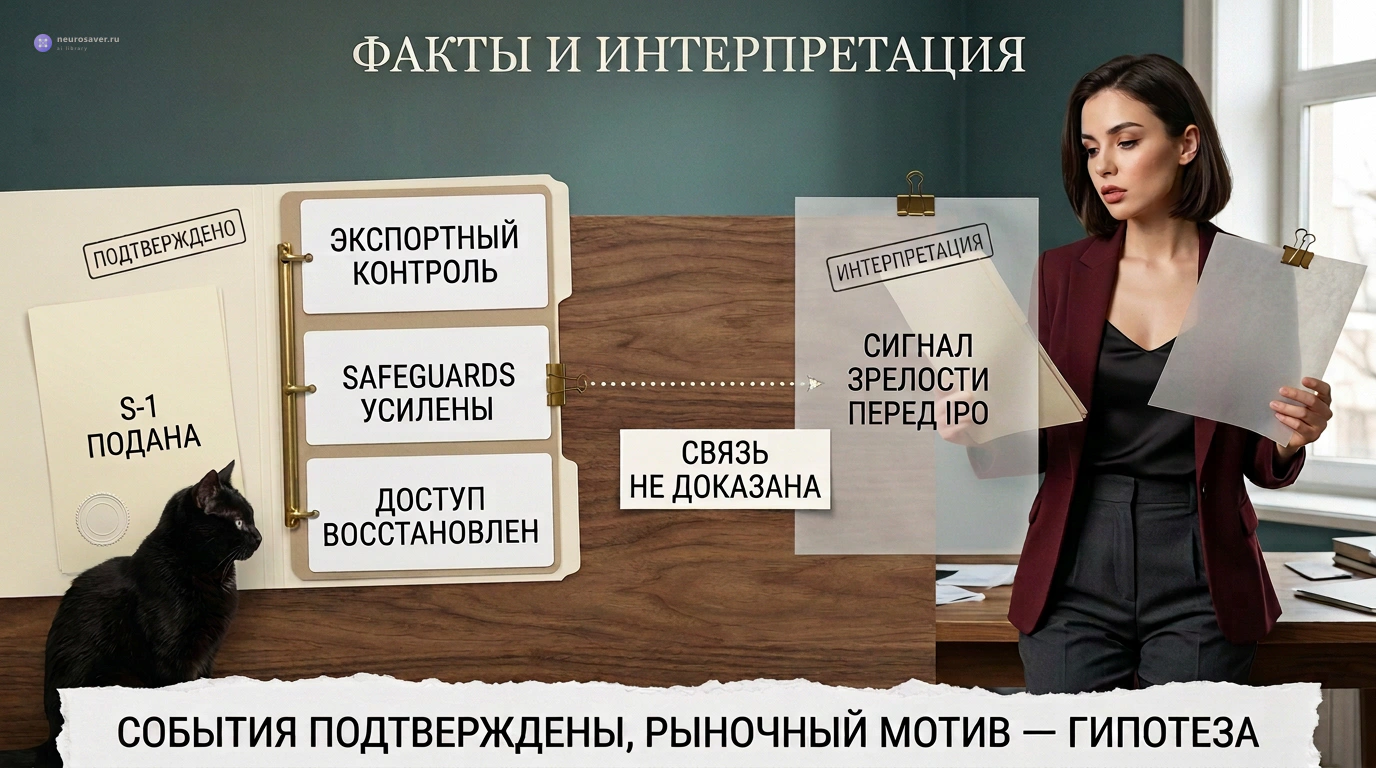 Аналитик разделяет подтверждённые факты об ограничениях и safeguards и гипотезу о рыночном сигнале перед IPO, связь между которыми не доказана.