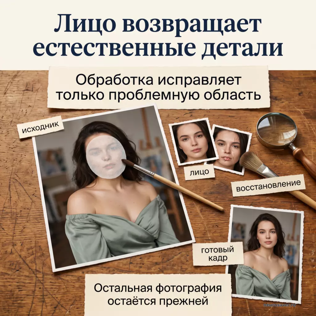 На рабочем столе показано сравнение размытого лица и восстановленного портрета, где обработка исправляет только проблемную область.